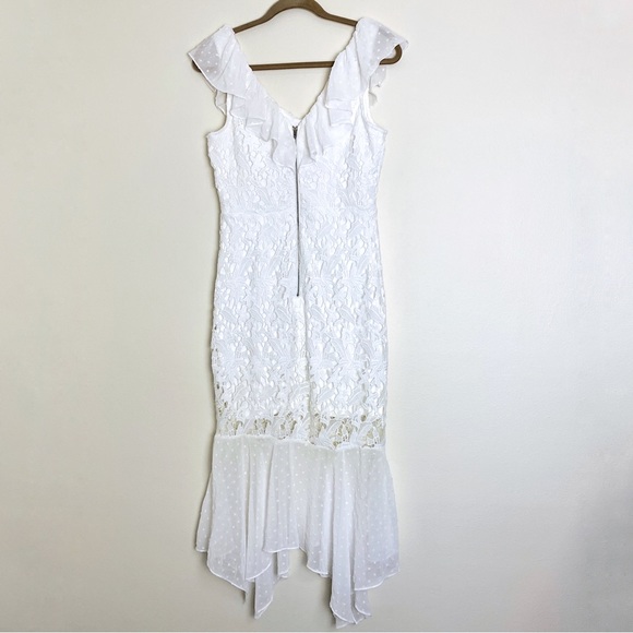 White Lace Midi Dress with Ruffled Trim and Neckline NWOT - Picture 3 of 10